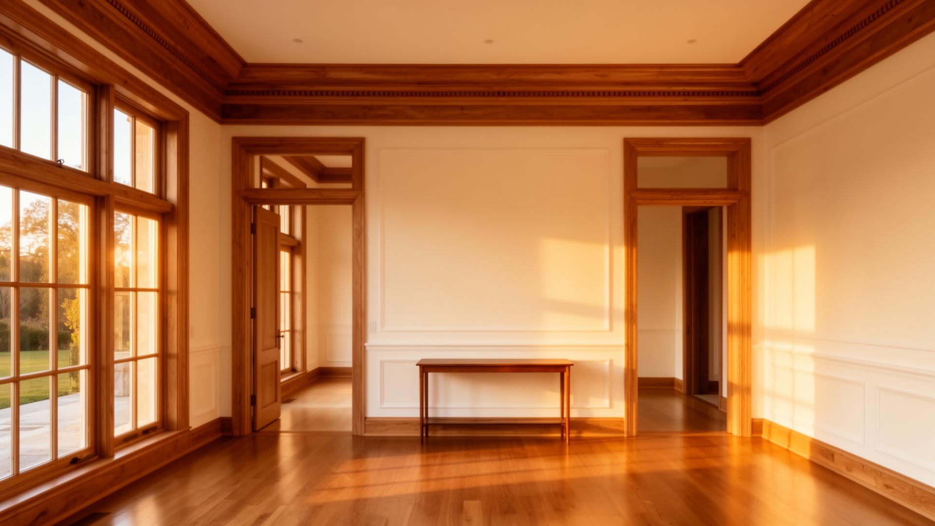 Warm sunlit upscale Raleigh home interior featuring crafted wood trim and freshly painted walls